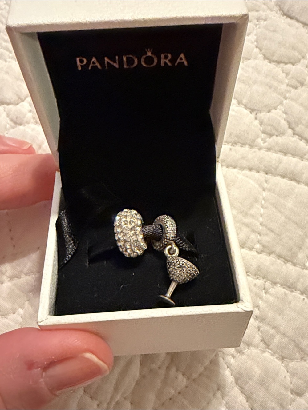 Pandora Silver Pave Wine Glass & Rondelle Charm Set in Silver - Picture 1 of 6